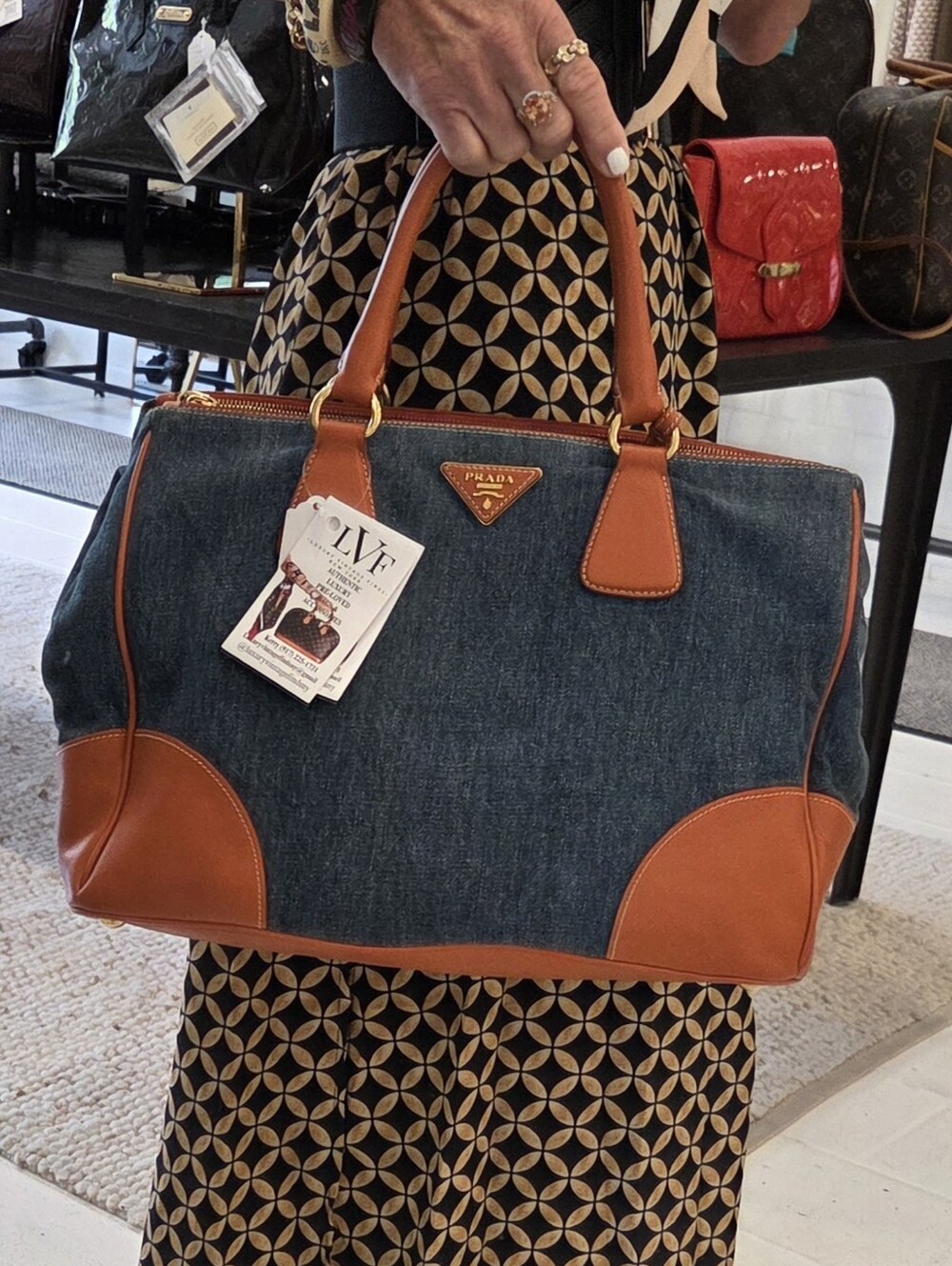 Prada Leather & Denim Xl Tote Like New Condition